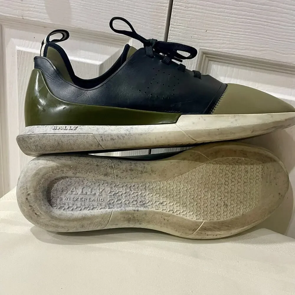 BALLY‎ MEN SHOES NEOPRENE OLIVE GREEN/BLACK LEATHER MADE IN ITALY Sz 13 ICONIC